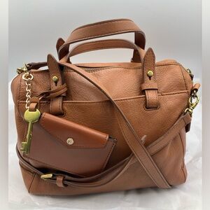 Fossil Tan Leather Satchel with Key Charm set